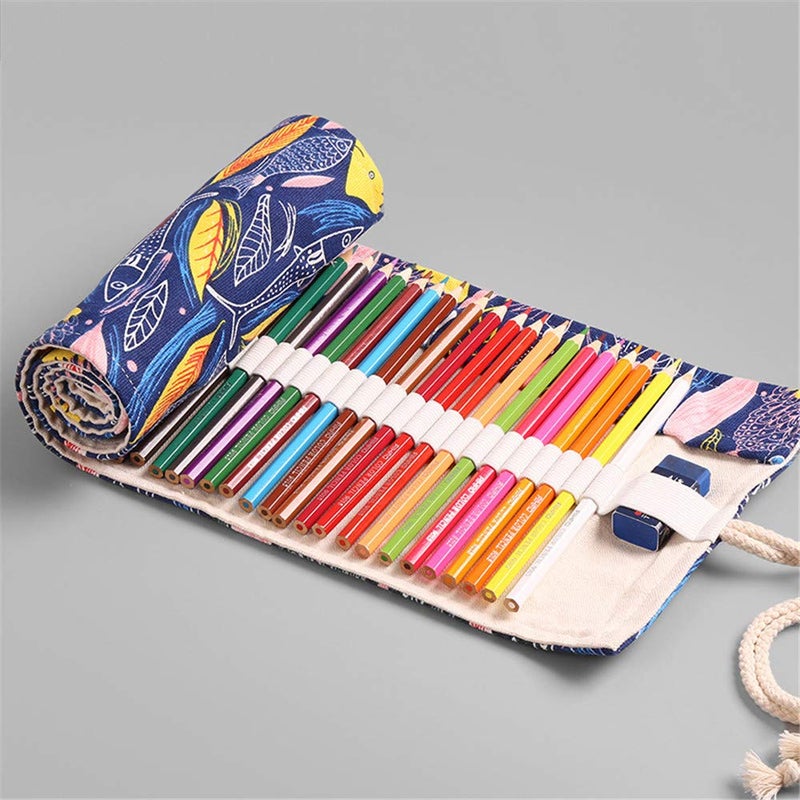 Funny live 36/48/72 Slots Colored Pencil Wrap Pencils Roll Holder Coloring Pencils Organizer Holder Colored Pen Paint Brush Storage Pouch Portable for Artist Student (Colorful fish, 36 Slots) - Image 2